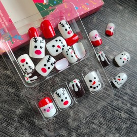 24Pcs Cute Christmas Press on Nails Short Square Fake Nails Snowman Santa Claus Nail Art Designs Winter Xmas Nails Press ons Acrylic Nails Reusable Christmas Glue on Nails False Nails for Women