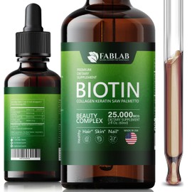 FabLab Biotin with Collagen, Keratin and Saw Palmett 25000msg Extract - Healthy Hair Skin & Nails for Adults, No Filler, No Stearate-Anti Aging Collagen Vitamins for Men & Women- 2 Fl Oz
