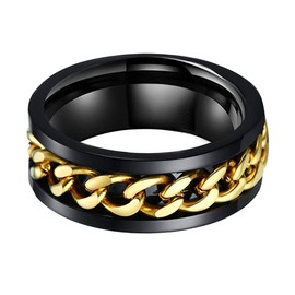 LUXUBANDS 8mm Black Tungsten Spinner Fidget Rings for Men Women Couple Anxiety Released Fashion Jewelry Engagement Wedding Bands Gold Stainless Steel Chain Inlay Polished Shiny Comfort Fit Size 11.5