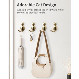 RIXIGOOD Decorative Wall Hooks Cute Cat, Coat Hooks Wall Mount for Hanging Key Purse Hat Robe Clothes Towel Hook for Bathroom Shower Closet Mudroom Unique Hanger Animal Wall Decor Gold 4 Pack