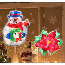 LAMPHOME 2D 2 PCS Lighted Christmas Window Silhouette Decoration- Light up Snowman and Poinsettia Flower Garland for Window Christmas Glass Wall Indoor Decorations (Style 1)