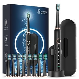 Rtauys Electric Toothbrush for Adults, 8 Brush Heads & Travel Case,5 Modes with 2 Minutes Built in Smart Timer, One Charge for 60 Days, 41000 VPM Motor (Black)