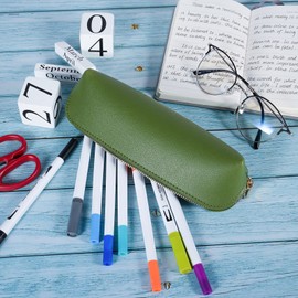 Fyore Leather Pencil Case Slim Design Pen Bag with Metallic Zipper Pocket Size for or Student Office College Middle School (Green)