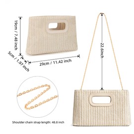 Vintage Straw Clutch Purses for Women, Top Handle Evening Handbag, Boho Woven Crossbody Bag Summer Beach Bag with Gold Chain,Beige