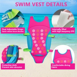 SIXRARI Swim Vest for Kids, Buoyancy Swimming Aid with Adjustable Straps, Kids Pool Float Vest for Beach Essentials, Safety Swim Jacket for Boys and Girls（Rose Red）