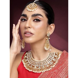 Aheli exquisita fiesta de bodas Wear Faux Kundan Pearl Collar de cuentas y aretes Set Joyería étnica india para mujeres