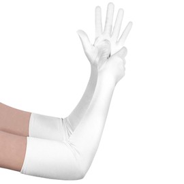 Aomig Long Opera Satin Gloves for Women, Ladies Elastic White Elbow Length Gloves, 1920s Style Wedding Evening Party Dance Gloves, Fancy Dress Gloves for Wedding Prom Opera Graduation Paty