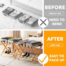 SpaceAid Fully Assembled Luggage Rack 2 Pack, Bamboo Foldable Suitcase Stand for Guest Room, Heavy Duty Folding Luggage Holder with Storage Shelf for Bedroom and Hotel, Natural