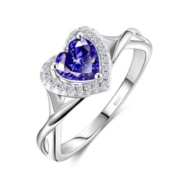 BELLNA Promise Ring for Her 925 Sterling Silver Created Ruby Blue Sapphire Emerald Diamond Heart Promise Wedding Engagement Ring for Wife Girlfriend Her Anniversary (6, Blue Sapphire)