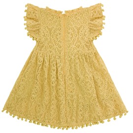 Cabahata Toddler Girls Lace Dress Pom Pom Ruffle Sleeve Kids Party Birthday Princess Dresses(Yellow, Tag 100/2T)