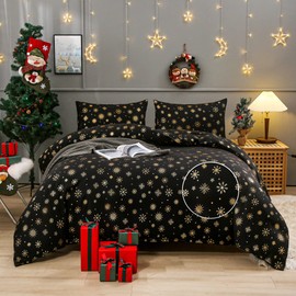 LAMEJOR Christmas Black Duvet Cover Set Queen Size Gold Metallic Print, Foil Print Glitter Snowfalke Pattern, 3-Piece Soft Bedding Set 1 Duvet Cover+2 Pillow Cases