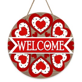 Bolisom Welcome Valentine's Day Love Front Door Sign, Red Hearts Farmhouse Wood Door Hanger Outdoor Outside Porch Decor, Anniversary Wedding Holiday Wooden Wreath Indoor Wall Hanging Decoration