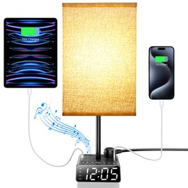 Yostyle Table Lamp with Alarm Clock Base, Bedside Lamp,2 USB & 1 AC Power Outlets, FM Radio & Speaker 6Ft Extension Cord - Square Black Fabric Lampshade,Touch Control Ideal for Bedrooms Living Rooms