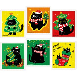 Colorful Christmas Black Cat Swedish Kitchen Towel Winter Snowflake Christmas Bell Absorbent Hand Towel Reusable Quick-Dry Kitchen Cleaning Cloth Cellulose Sponge Cloth 6-Piece Set