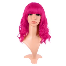 MapofBeauty 14 Inch/35 cm Short Wavy Curly Women Fresh Bright Synthetic Ordinary Flat Bangs Bob Wig (Hot Pink)