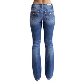 Miss Me Women's Classic Saddle Stitch Faux Flap Pockets Mid-Rise Bootcut Jeans (Dark Blue, 28W x 32L)