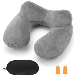 HITSZS Neck Pillow Travel Pillow Inflatable Compact Neck Pillow Ergonomic Headrest with Velvety Soft Washable Cover for Camping, Travel, Plane, Train, Car, Office