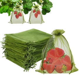 Kikhope 100pcs Fruit Protection Bags 6x9 inch, Fruit Netting Cover Bags with Drawstring Mesh Fruit Protectors Pest Barrier for Mangoes Tomatoes Fruit Trees Veggies Garden, Olive Green