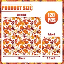 120 servilletas de papel de otoño, calabaza, hojas de arce, servilleta de almuerzo desechable para otoño, decoración de mesa de baño, 120 unidades