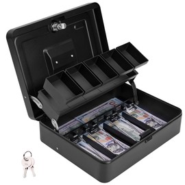ZYNKORA Cash Box Metal Money Box with Tray & Key Lock,Tiered Locking Cash Boxes,Durable Lock Safe Box with Key,4 Bill 5 Coin Slots,Cantilever Design,Money Saving Organizer with Bill Slot,Large Black