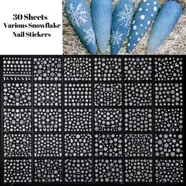 30 Sheets Snowflake Nail Art Stickers Decals Christmas Nail Stickers 3D Christmas Nail Decals with Different Shapes of Snowflakes Designs Winter Xmas New Year DIY Nail Decorations Accessories