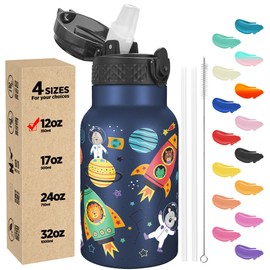 Han's Bottle Kids Water Bottle with Straw Lid - Insulated Stainless Steel Reusable Tumbler for Girls,Boys,Thermo Mug,12oz,Cosmic Animals