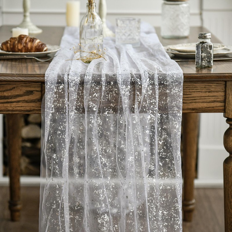 Artoid Mode White Silver Gauze Table Runner 70x300 cm, Glitter