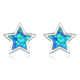 VIKI LYNN 925 Sterling Silver Blue Opal Star Stud Earrings Small Hypoallergenic Earrings for Women Girls, Sterling Silver Sterling silver 18K White Gold Plated Synthetic opal, Artificial opal.