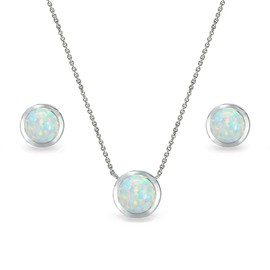 B. BRILLIANT Sterling Silver Synthetic White Opal 7mm Round Bezel Solitaire Dainty Necklace & Stud Earrings Set