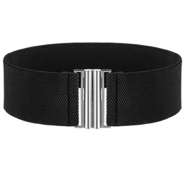 Andibro Wide Elastic Belt for Women, Stretch Waist Belt Ladies Dress Buckle Belt Vintage Cinch Belt Adjustable Waistband, Black + silver buckle