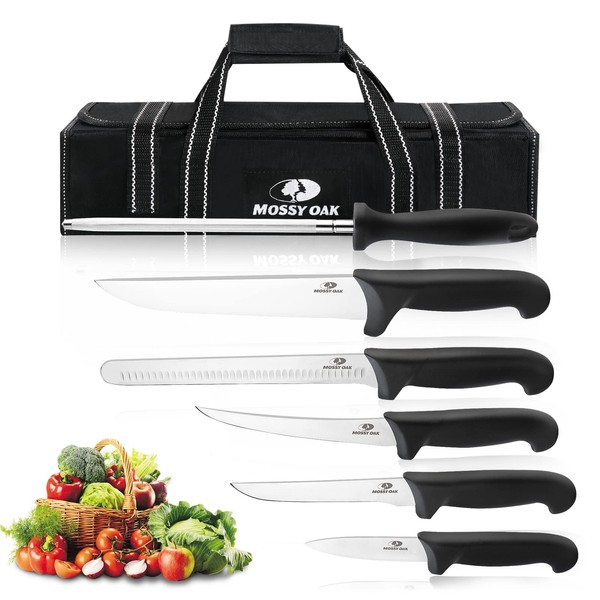Mossy Oak Outdoor Knife Set - 6 PCS Chef Knife Set with Roll Bag - Premium Stainless Steel BBQ Knife Sets with Ergonomic Handle - Birthday Gifts Christmas Gifts for Women Men Kitchen Lovers