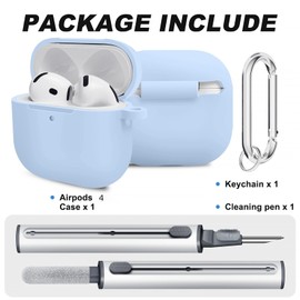 Woyinger for Airpods 4th Case Cover, Come with Cleaner Kit,Soft Skin Silicone Case Cover with Keychain, Full Protective Case for Men and Women, Compatible with AirPods 4th Generation Case,Sky Blue