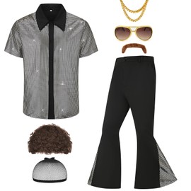 Ezuwail Men's 70s Disco Outfit Costume Short Sleeve Shirts Flared Pants Wigs Necklace Moustache Sunglasses 6 Pieces