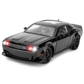 BDTCTK 1/24 Dodge Challenger Hellcat Model Car, Zinc Alloy Pull Back Toy car with Sound and Light for Kids Boy Girl Gift(Black)
