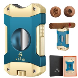 XIFEI Cigar Cutter V-Cut,3 in 1 V Cutter with Cigar Punch Cigar Stand Sharpest 440 Stainless Steel Cut Blade Ergonomic Design Secure-Lock 55 Ring Gauge Portable Cigar Clipper with Gift Box (Blue Gold)