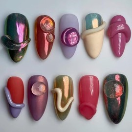 MAGLFELL Uñas postizas hechas a mano, uñas postizas a presión, arte de almendra, kit de uñas postizas para mujer (talla M)
