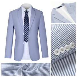 Men Seersucker Suits Two Button Blazer Shorts for Men Casual 2 Piece Striped Holiday Outfits for Summer Beach Wedding Blue Suits