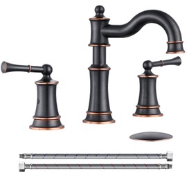 WINKEAR Roman Bathroom Sink Faucet Deck Mount or Wall Mount Installation Pop-up Drain Assembly with Overflow Deck Plate and Water Supply Lines Included (3 Hole Deck Mount, ORB)