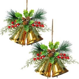 Tioncy Christmas Bell Hanging Ornaments 8.7" Large Rustic Christmas Metal Bell Decoration Xmas Hanging Decorative Bell with Christmas Red Berry for Christmas Wreath Tree Door Decor(Gold,2 Pcs)