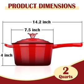 E-far Enameled Cast Iron Sauce Pan, 2 Quart Dutch Oven Saucepan with Lid, Small Sauce Pot for Cooking, Boiling, Healthy & Non Toxic, Induction & Oven Safe, Red