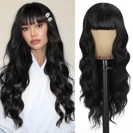 PORSMEER Long Wavy Black Wigs with Fringe for Women, 66 cm Long Curls Wig, Natural Synthetic Hair Wig for Daily Carnival Fancy Dress