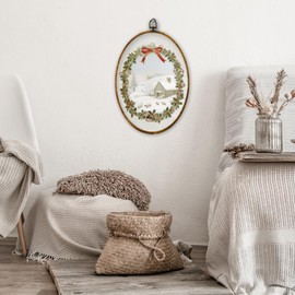 XPH Rustic Christmas Lamb Oval Wall Art Framed, Rustic Winter Landscape Oval Wall Decor, Farmhouse Cozy Winter Wreath Hanging Canvas Prints for Home Bedroom Living Room Decoration, 8.6x11.4 Inch