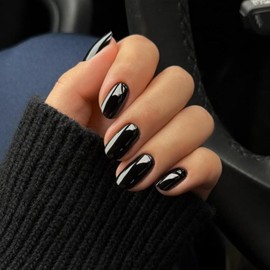 Black Press on Nails Short Oval, SXVME Solid Color Acrylic Fake Nail Short Round, Thick False Nail Press ons Handmade of Gel, Natural Full Cover Glue on Nails For Women Daily Wear 24Pcs