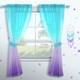 Cortinas de sirena para niñas para decoración de recámara, cortinas traslúcidas con bolsillo para ventana, cortinas traslúcidas en color verde azulado pastel para habitación de niños, adolescentes, princesa, juego de decoración lila turquesa, 52 x 63 pul