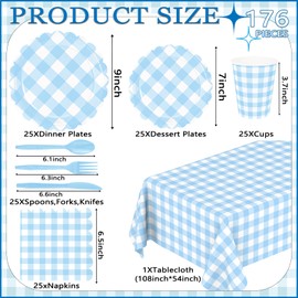 WNINK 176 PCS Light Blue Gingham Plates and Napkins, Blue Checkered Disposable Plates Set with Napkins Cups Plastic Spoons Forks Knives for Dinner Birthday Baby Shower Wedding Supplies Serve 25 Guests