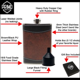 Flasks for liquor for Men, 8oz Heavy Duty Hip Flask with Funnel, Black and Brown, Gift boxed