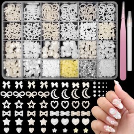 3D Flatback Pearls Nail Charms, White Beige Mix Styles Star Heart Bow Charms for Crafts, Resin Moon Small Flower Charms for Nail Art Supplies with Tweezer and Pickup Pencil