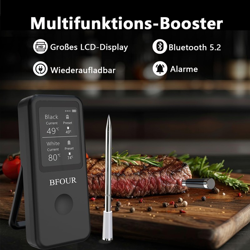 BFOUR Wireless Meat Thermometer with 2 Wireless, Grill Thermometer Bluetooth,