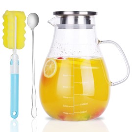 Vekonn Glass Pitcher, Glass Water Pitcher with Tight Stainless Steel Lid, 105.5oz/3L, Heat Resistant Borosilicate Glass Carafe, Long Handle Cleaning Brush and Mixing Spoon, Temperature Safe