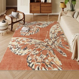 Lahome Butterfly Orange Rugs for Bedroom, 6x9 Non Slip Fall Rug Bug Rugs for Dining Room, Modern Non-Shedding Washable Low Pile Insect Carpet for Living Room Playroom